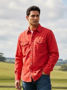 Carbon Athletic Western Shirt Mens Large Red Pearl Snap Long Sleeve Cowboy Yoke